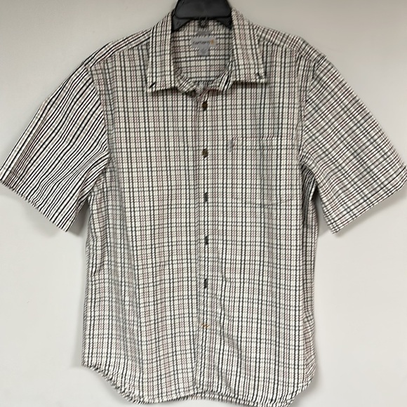 Carhartt Men’s Relaxed Fit Gray/ maroon Plaid Button down shirt size L  Cotton - Picture 1 of 7